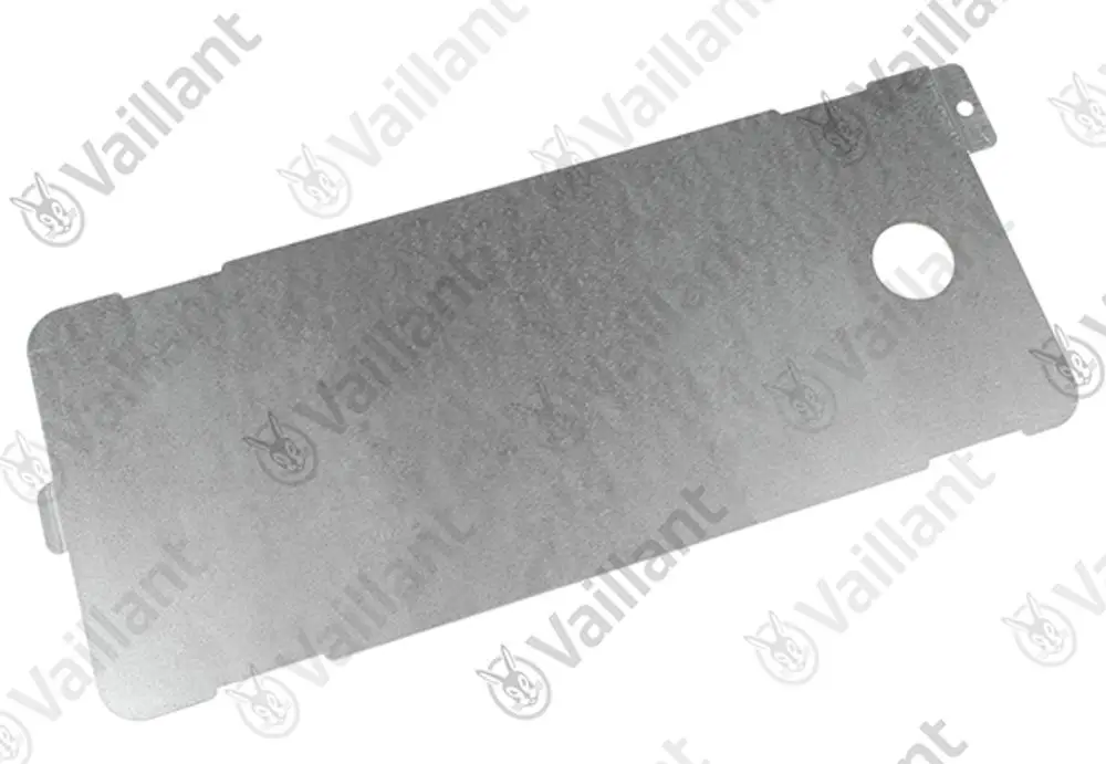 Metallischer Deckel von Vaillant, flach und rechteckig, mit Aussparung und Befestigungsmöglichkeiten.